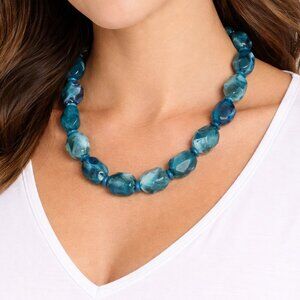 Mixit Chunky Acrylic Bead Necklace Blue & Green Swirl, 15" Brand New